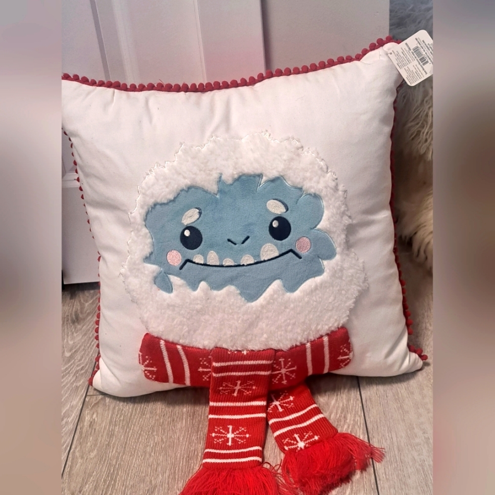 Brand New White Pillow with Blue Monster and Red Scarf